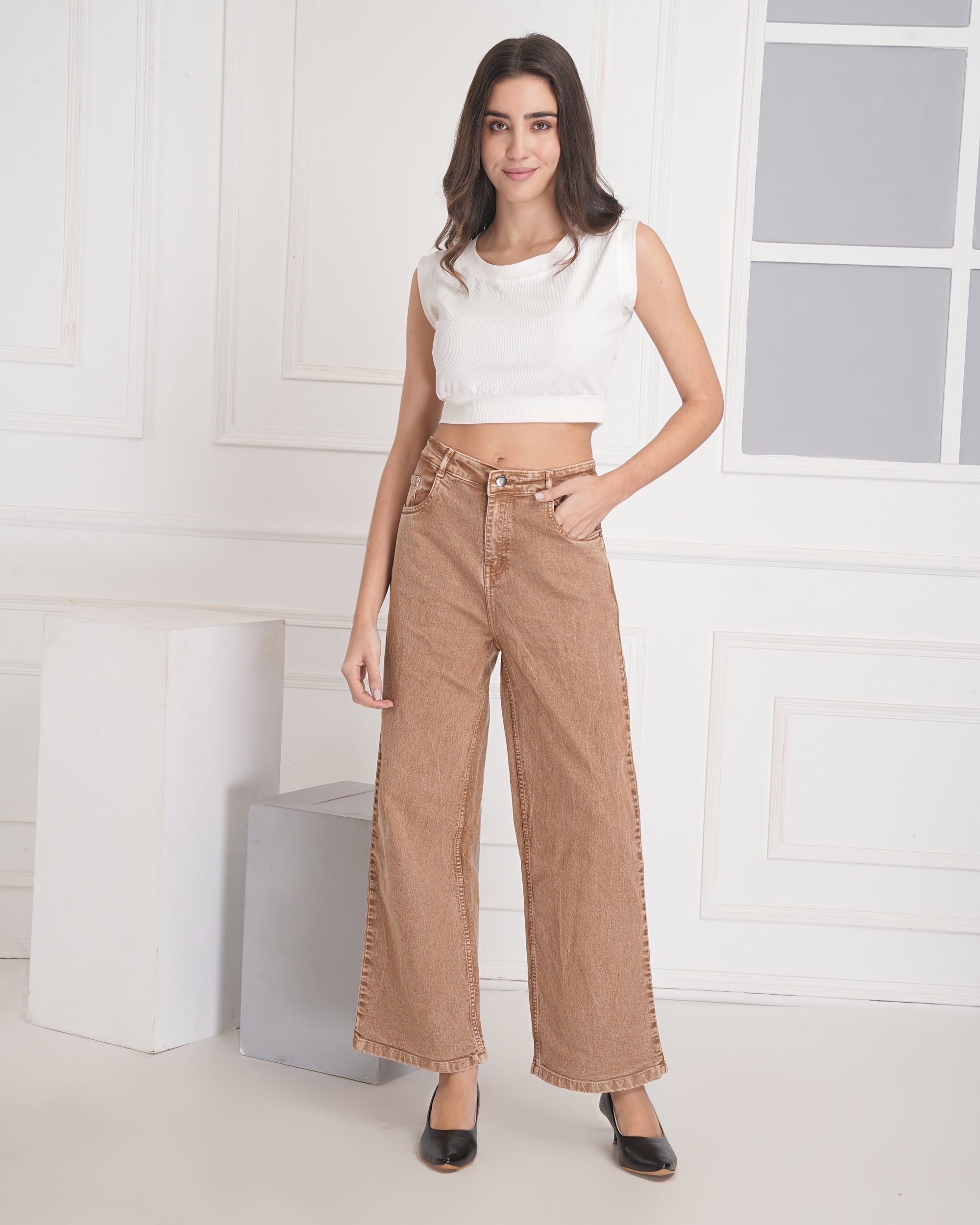 Women Wide Leg High Rise Beige Cotton Jeans