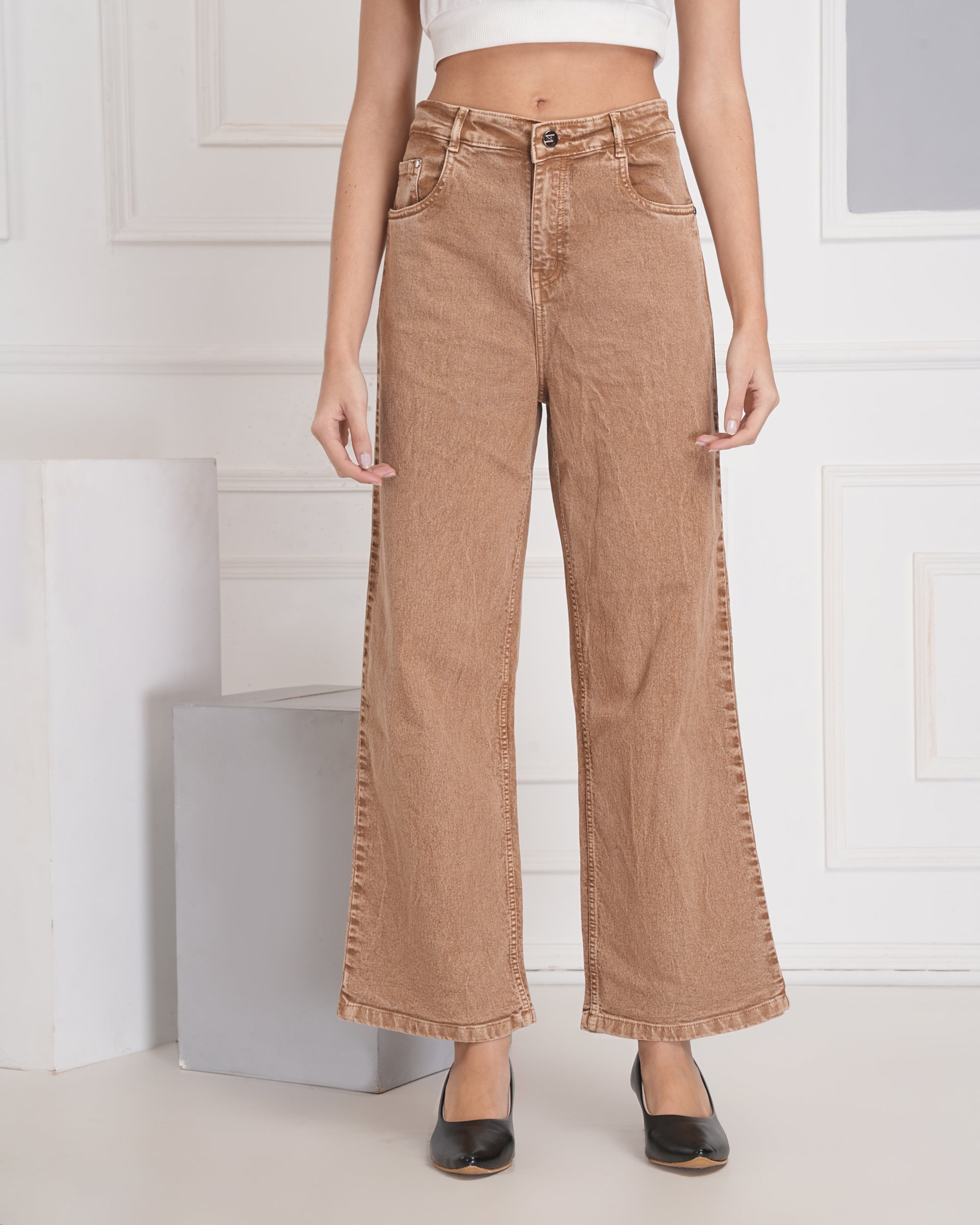 Women Wide Leg High Rise Beige Cotton Jeans