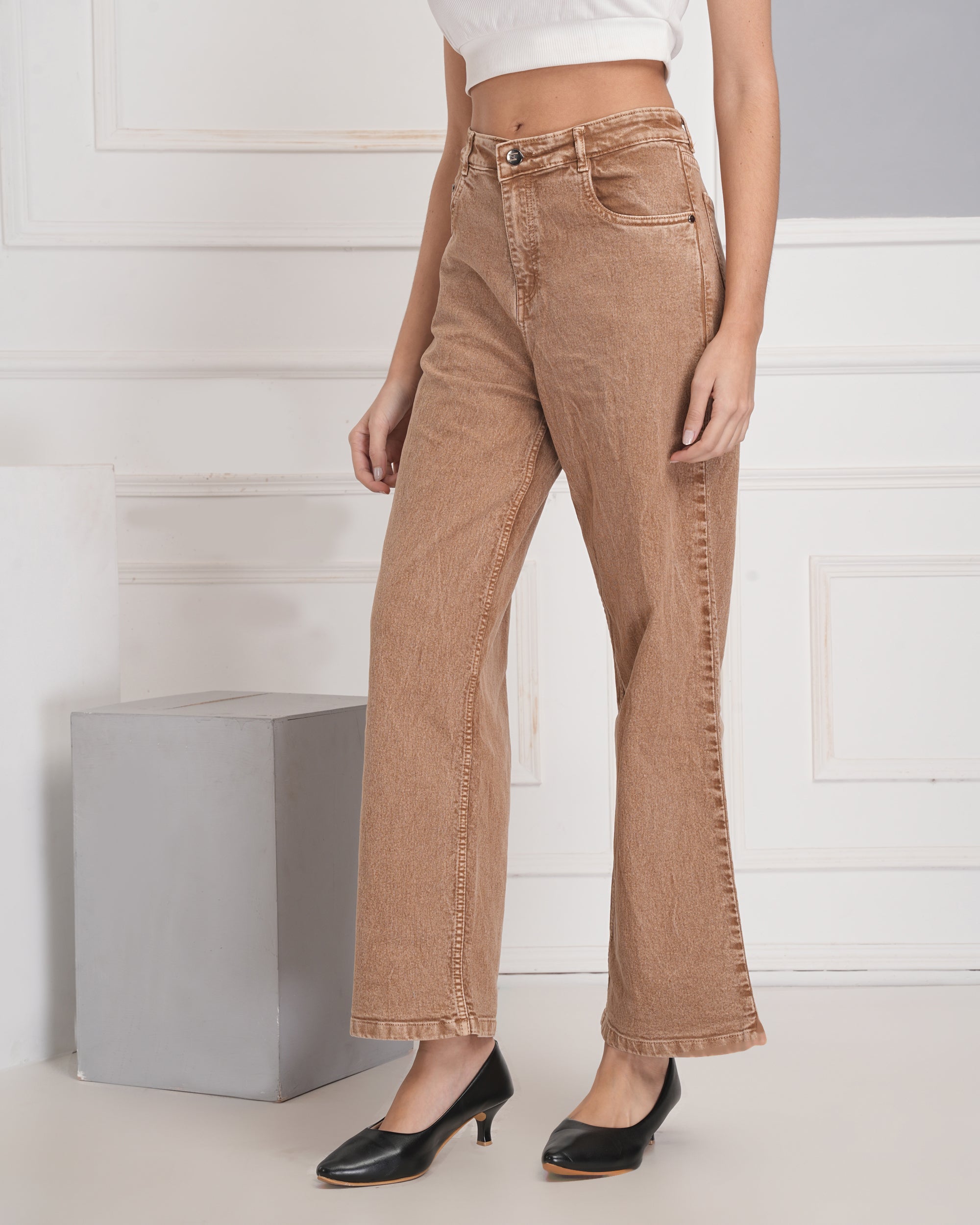Women Wide Leg High Rise Beige Cotton Jeans