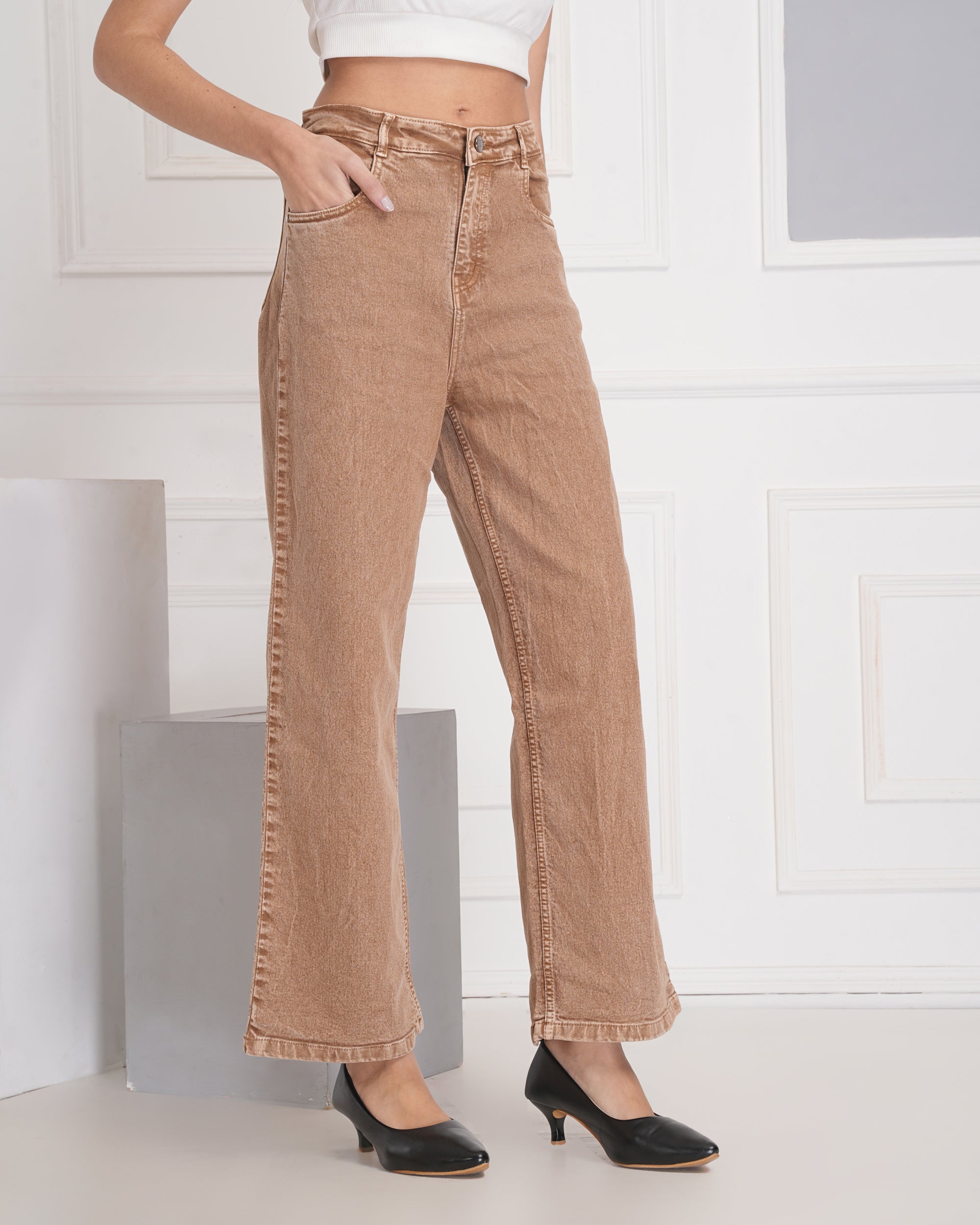 Women Wide Leg High Rise Beige Cotton Jeans