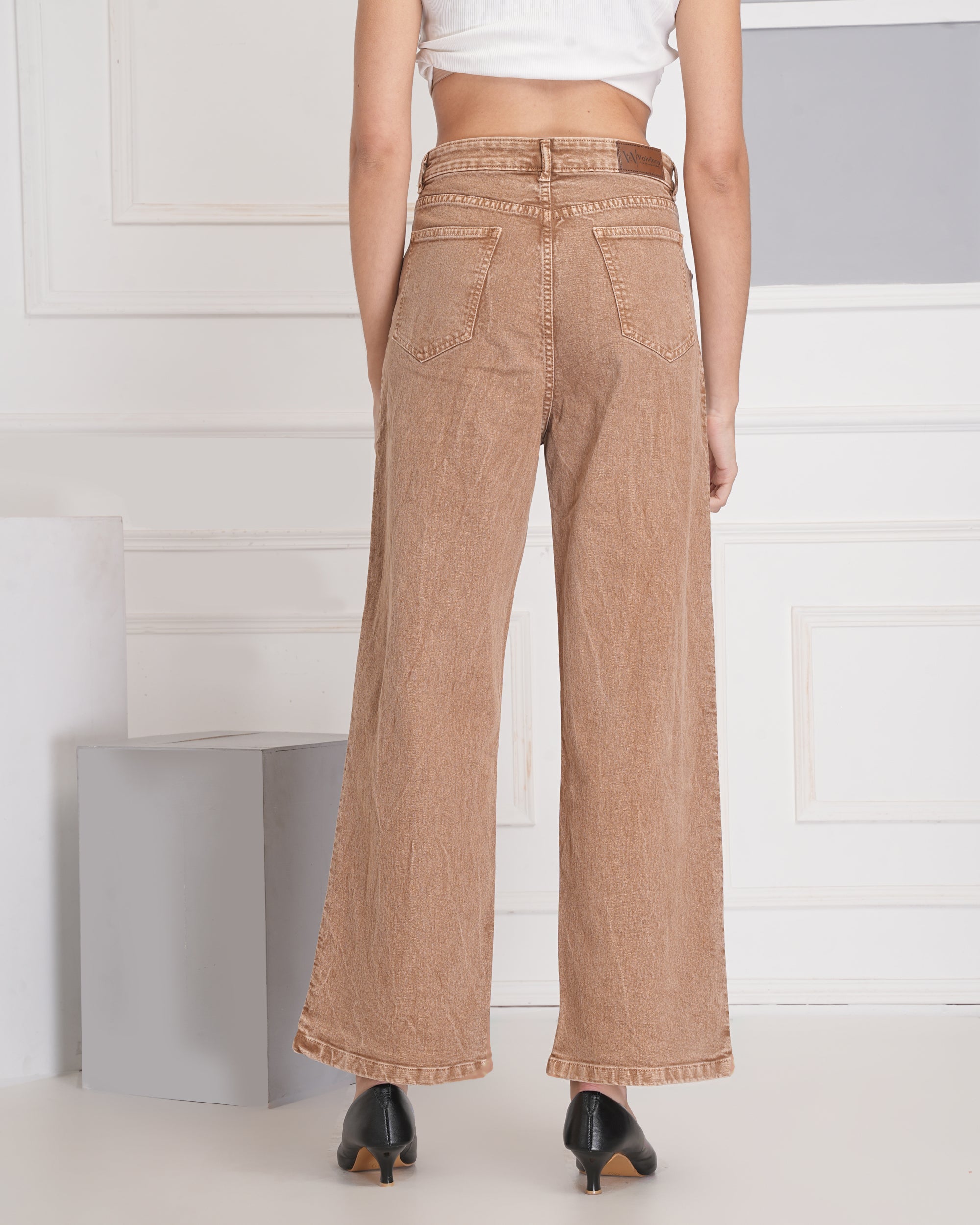 Women Wide Leg High Rise Beige Cotton Jeans