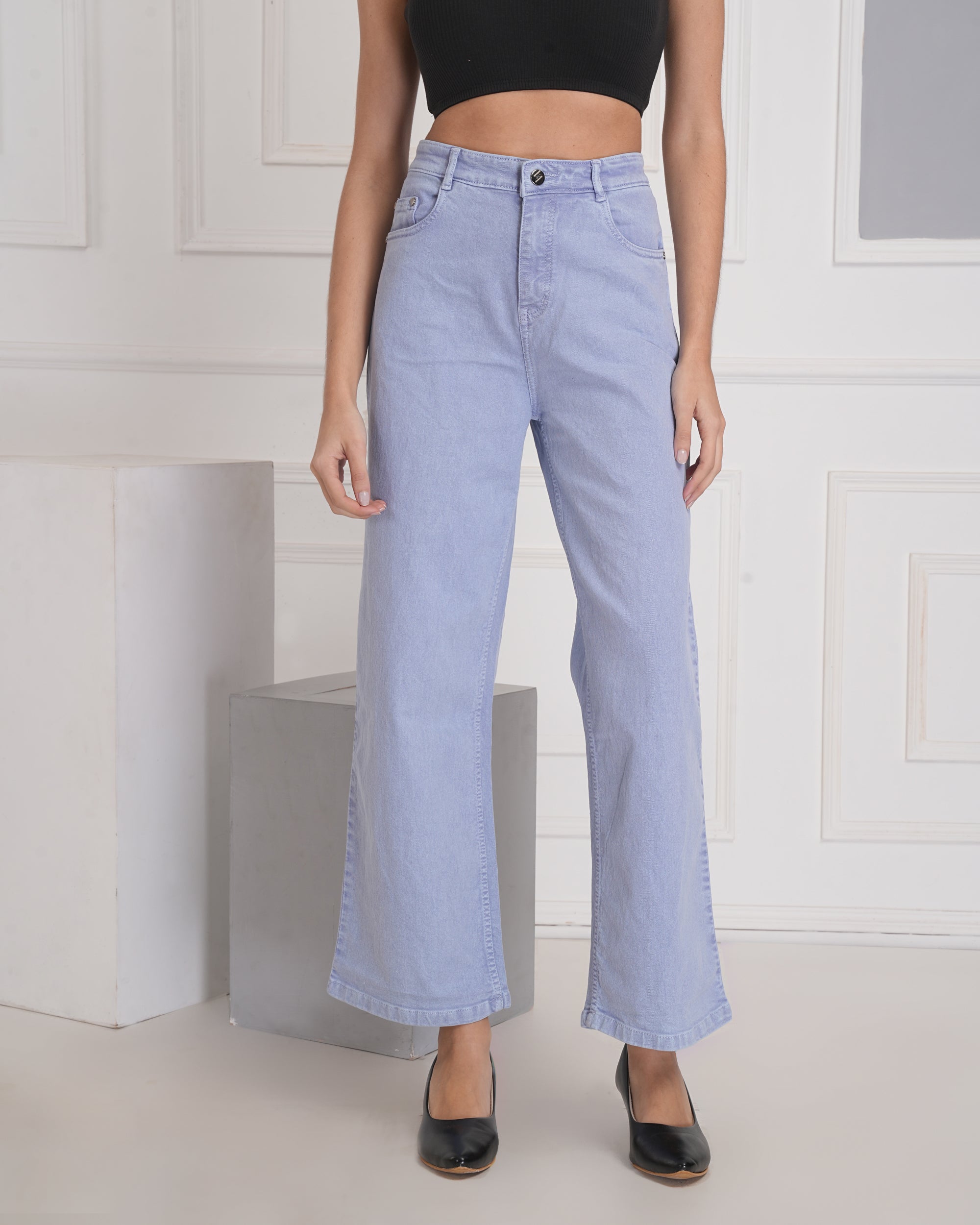 Women Wide Leg High Rise Sky Blue Cotton Jeans