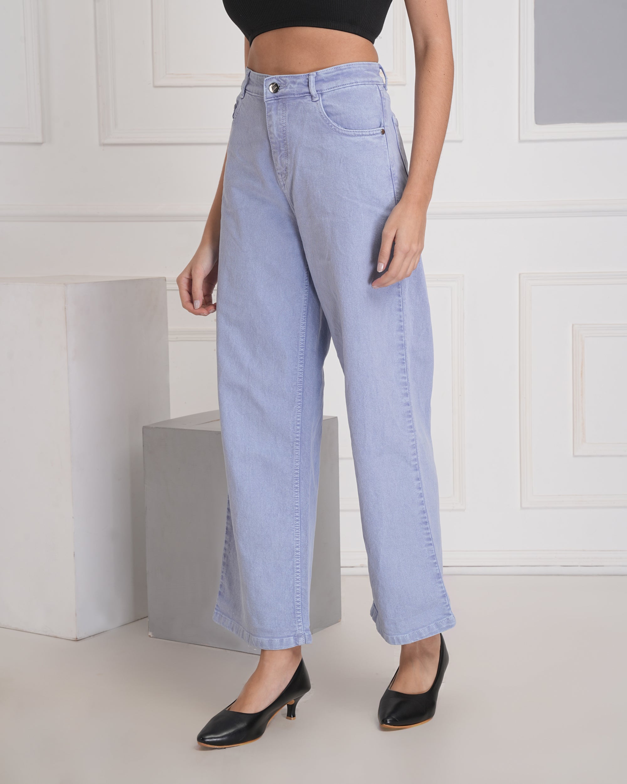 Women Wide Leg High Rise Sky Blue Cotton Jeans