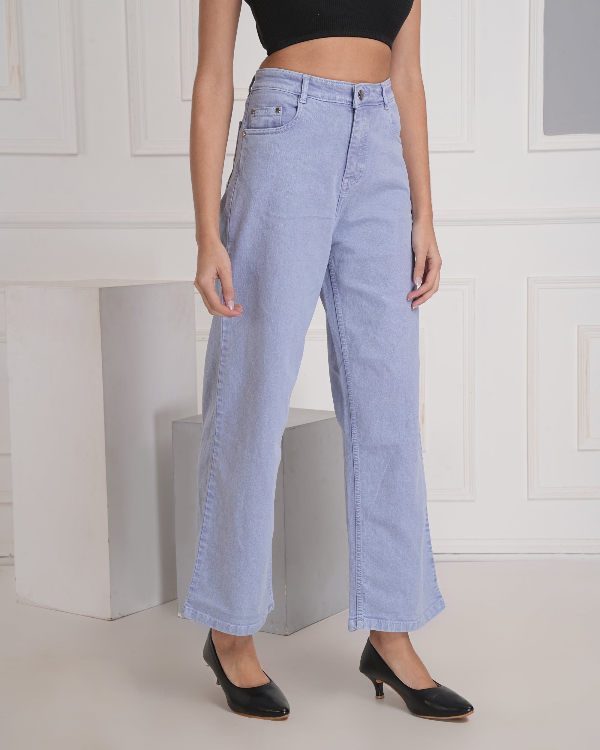 Women Wide Leg High Rise Sky Blue Cotton Jeans