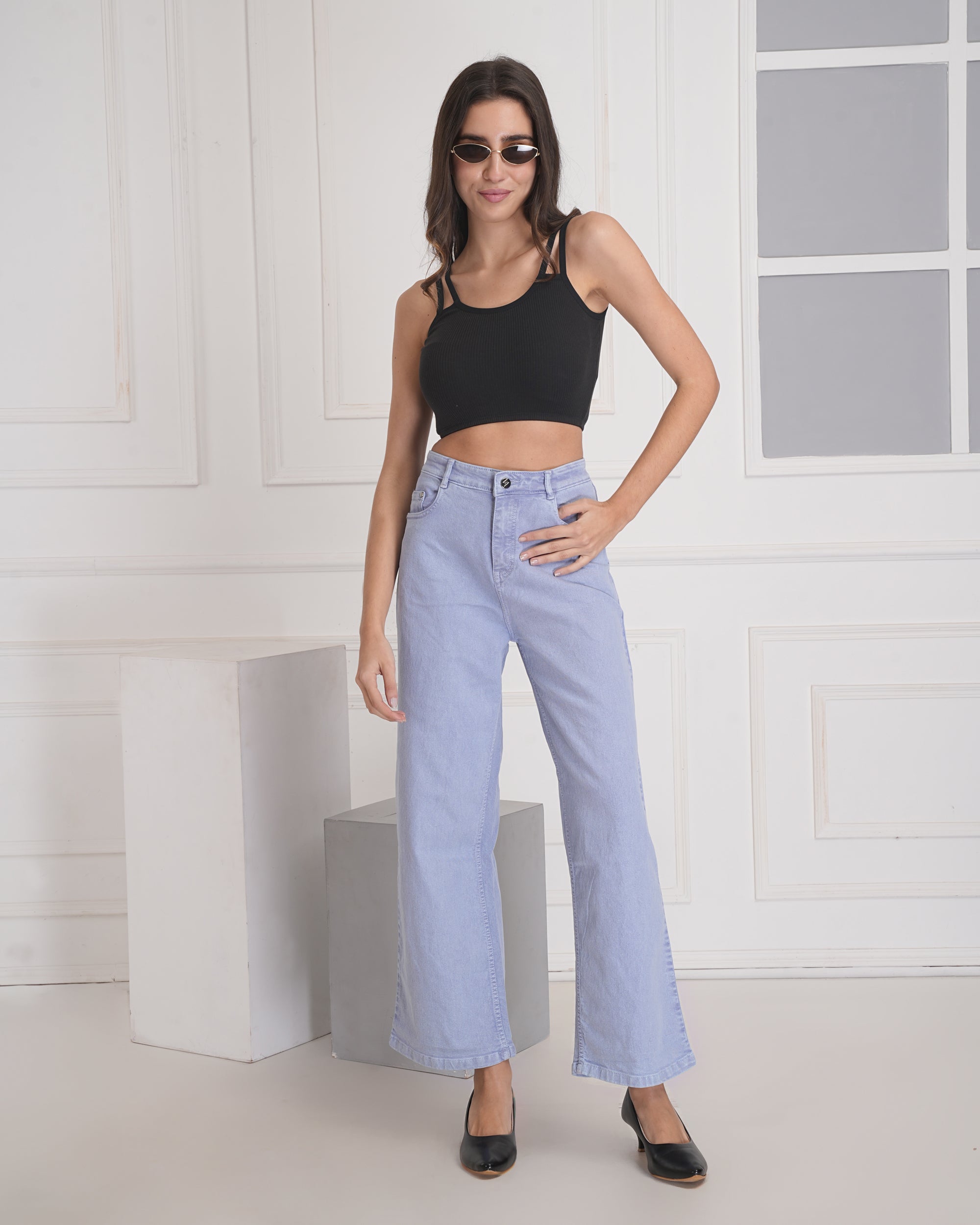 Women Wide Leg High Rise Sky Blue Cotton Jeans