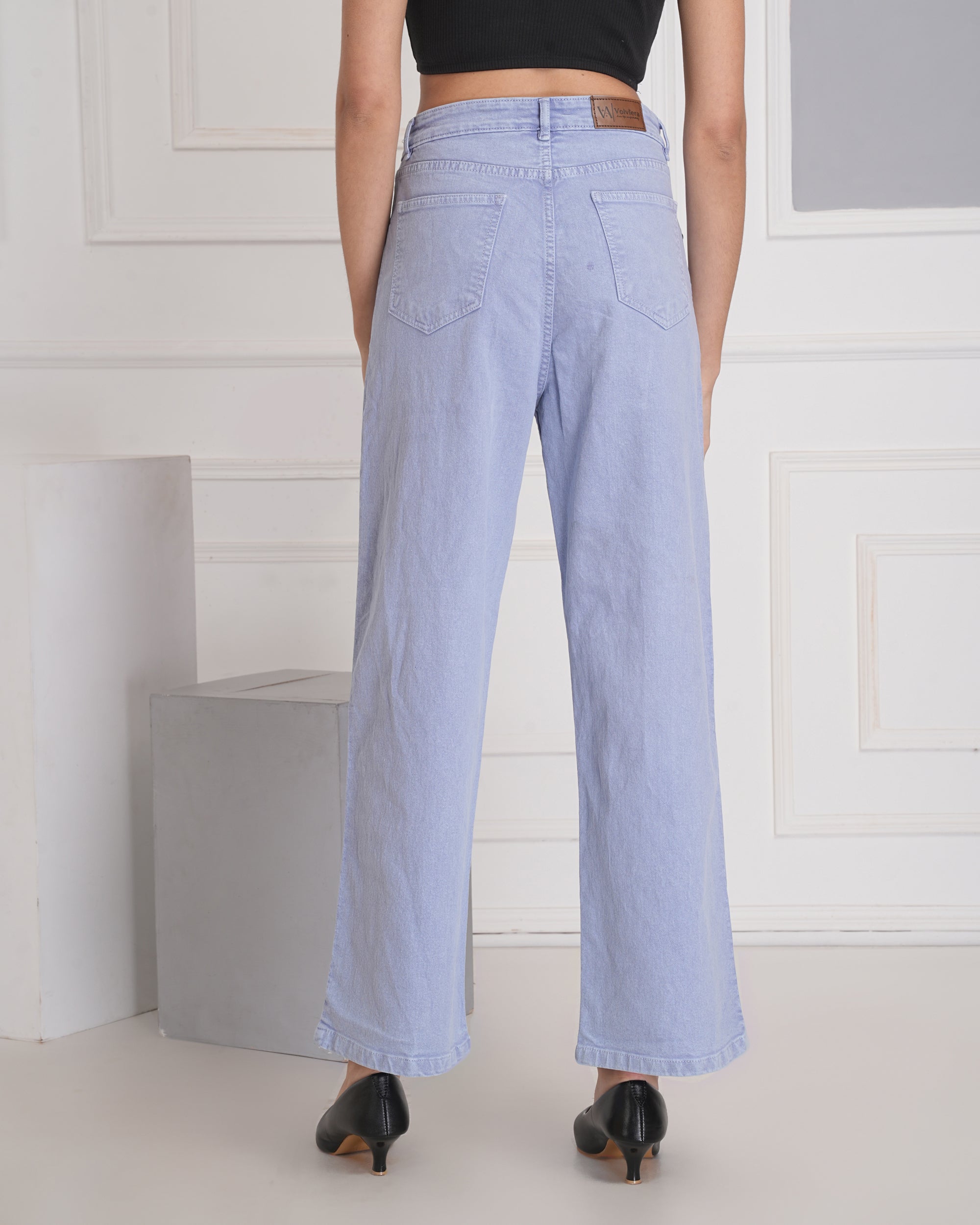 Women Wide Leg High Rise Sky Blue Cotton Jeans
