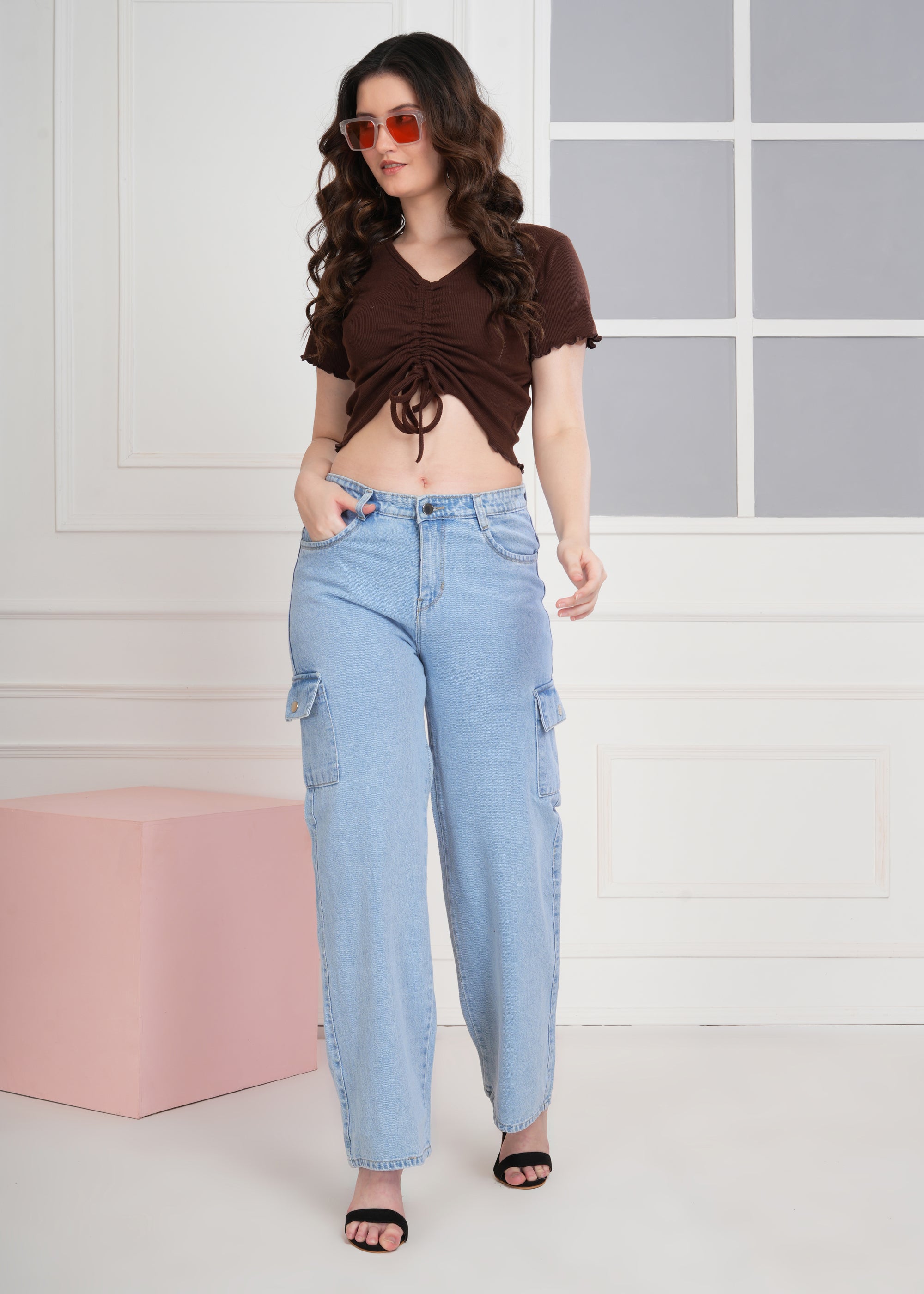 Women Wide Leg High Rise Light Fade Six Pocket Sky Blue Jeans