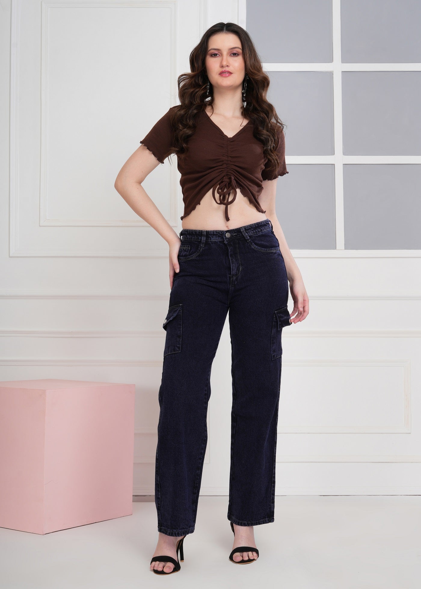 Women Wide Leg High Rise Light Fade Six Pocket Dark Blue Jeans