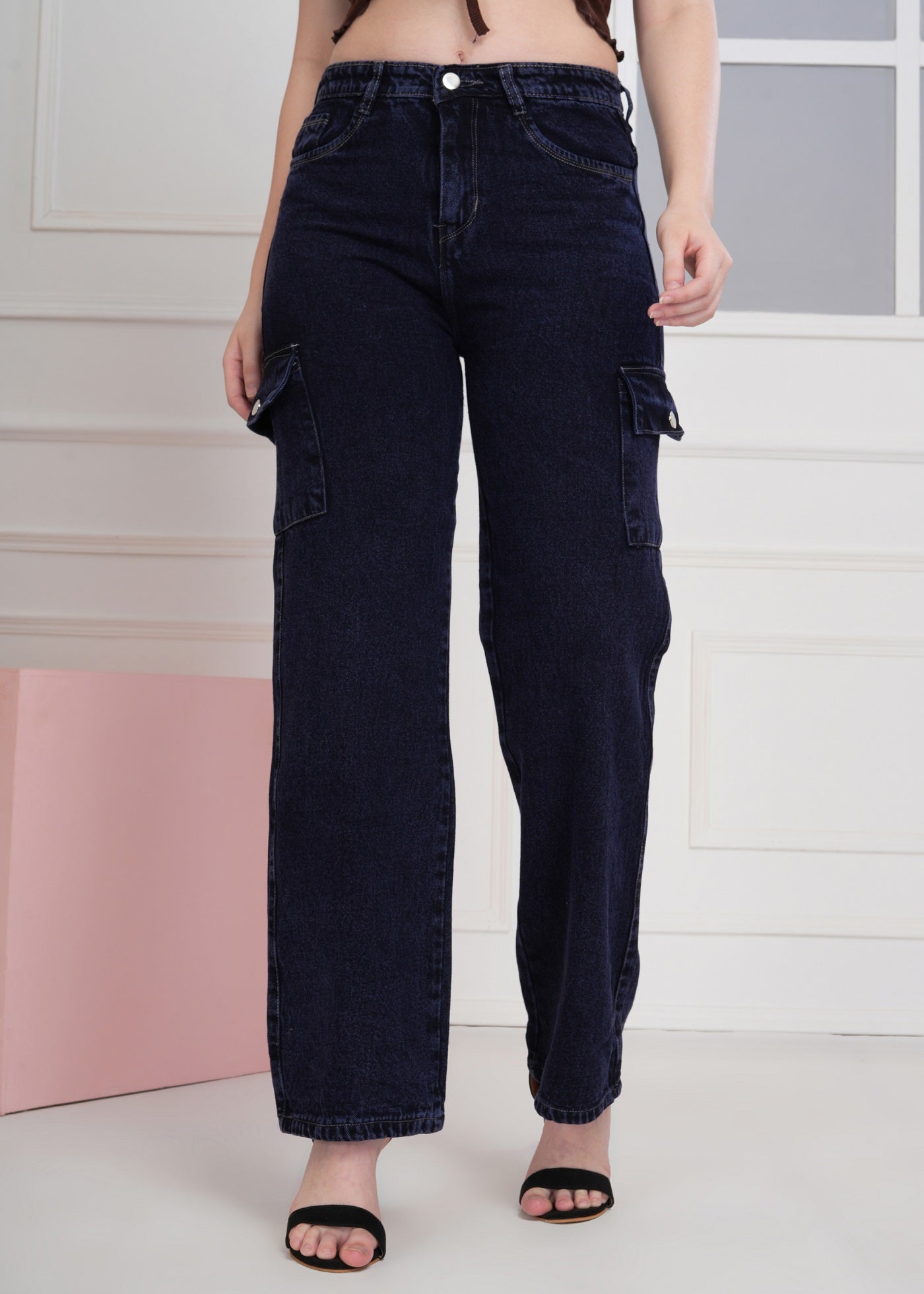 Women Wide Leg High Rise Light Fade Six Pocket Dark Blue Jeans