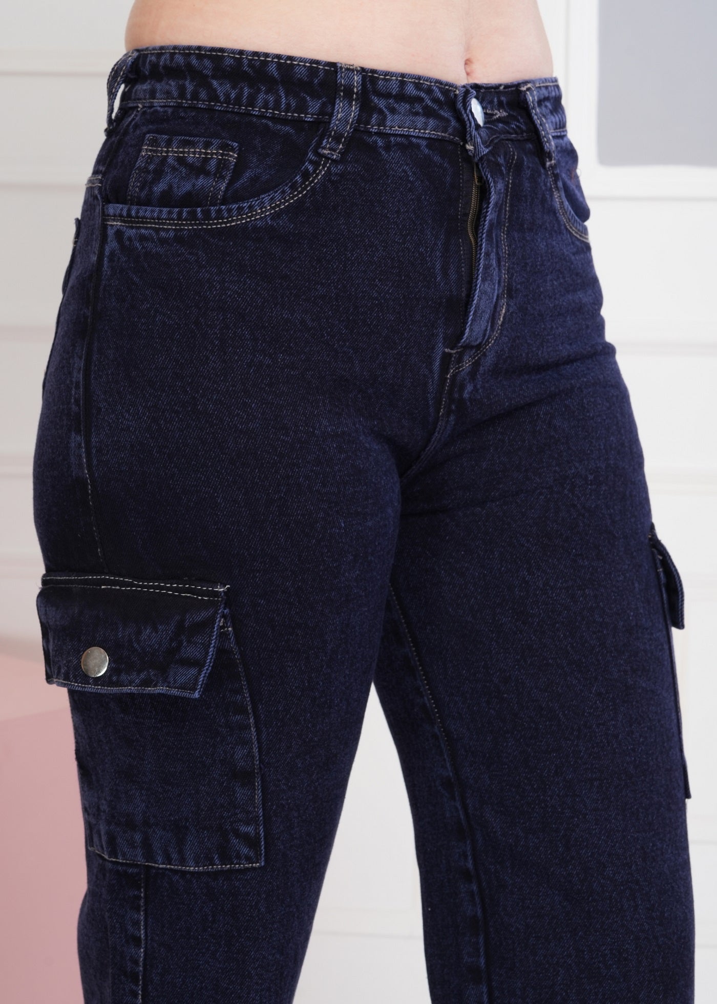 Women Wide Leg High Rise Light Fade Six Pocket Dark Blue Jeans