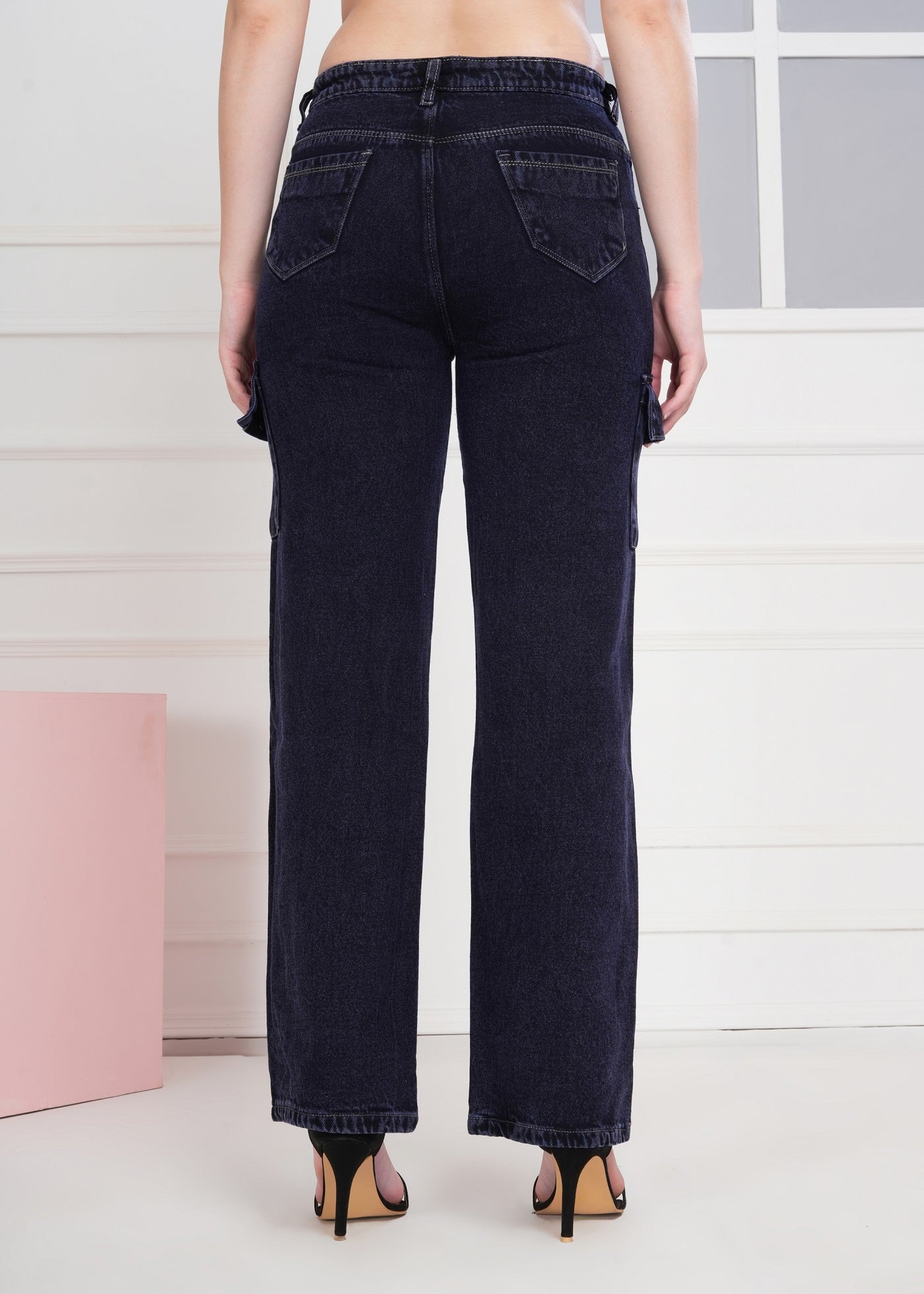 Women Wide Leg High Rise Light Fade Six Pocket Dark Blue Jeans