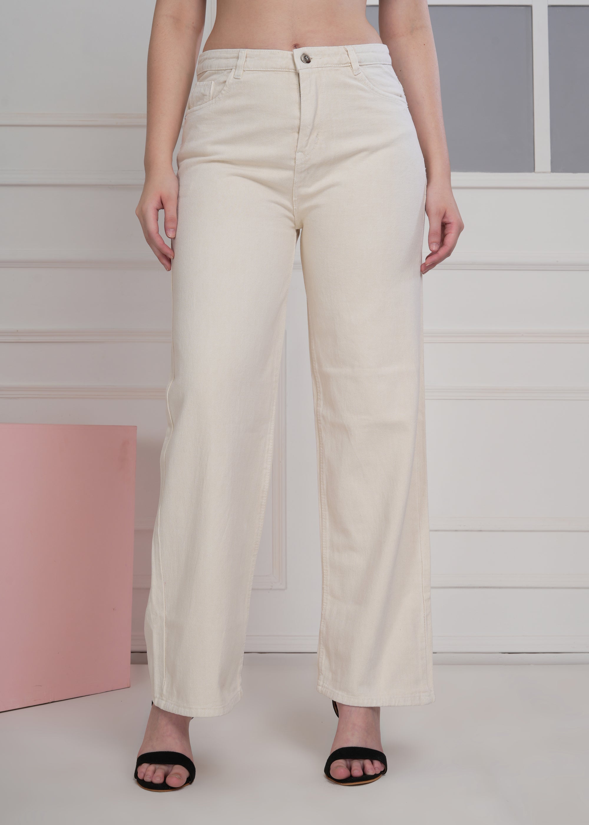 Women Wide Leg High Rise Cream Cotton Jeans