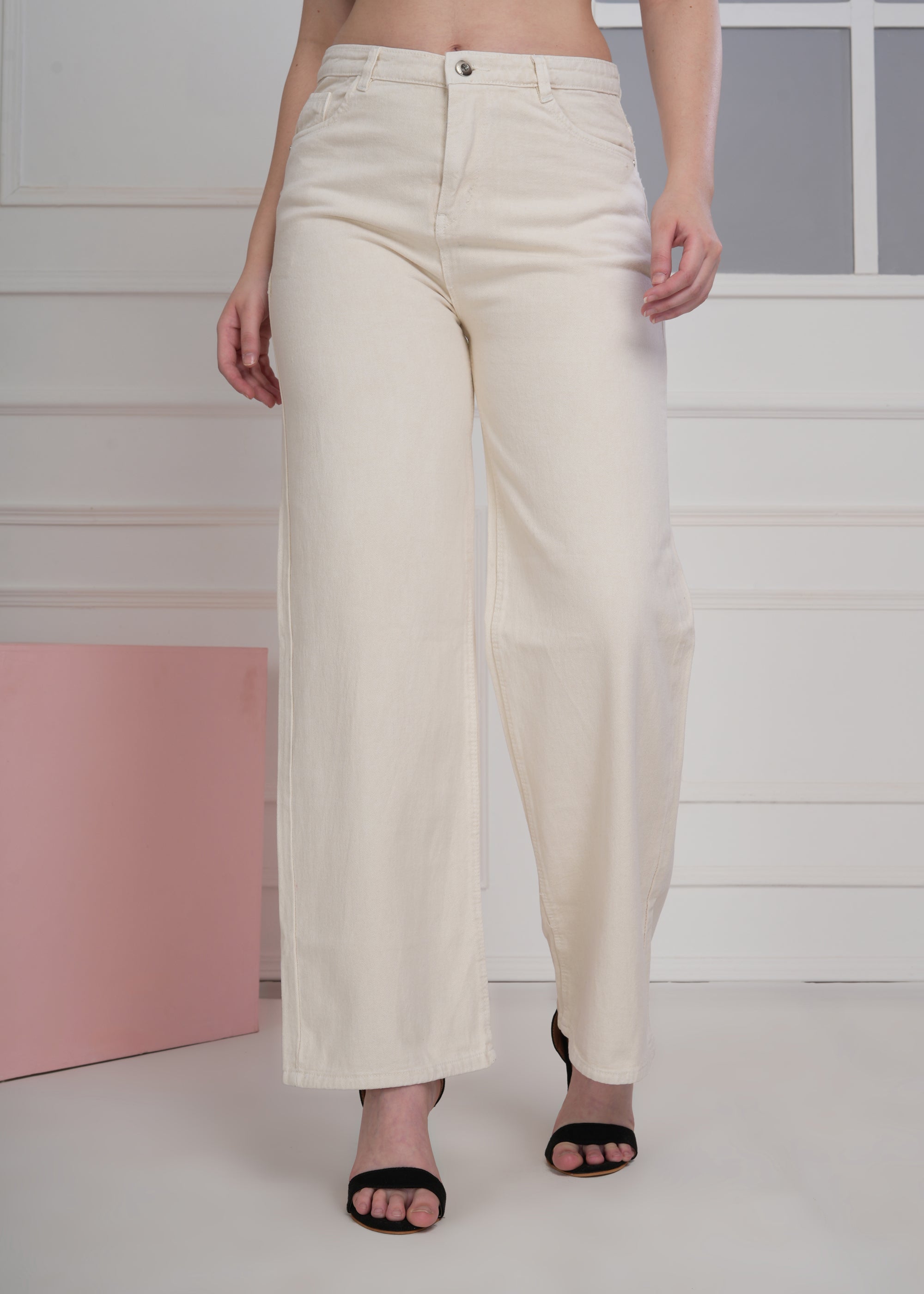 Women Wide Leg High Rise Cream Cotton Jeans