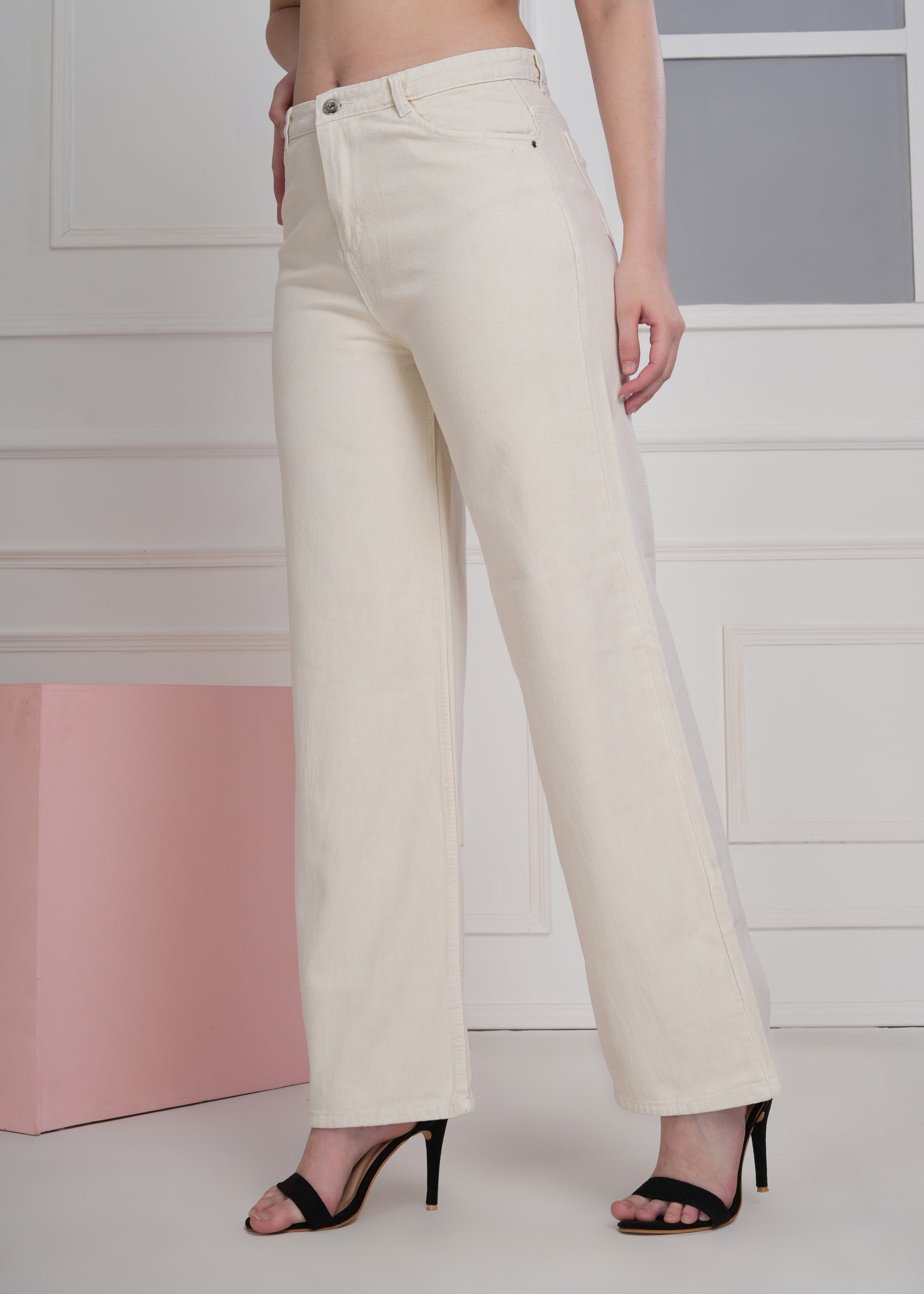 Women Wide Leg High Rise Cream Cotton Jeans