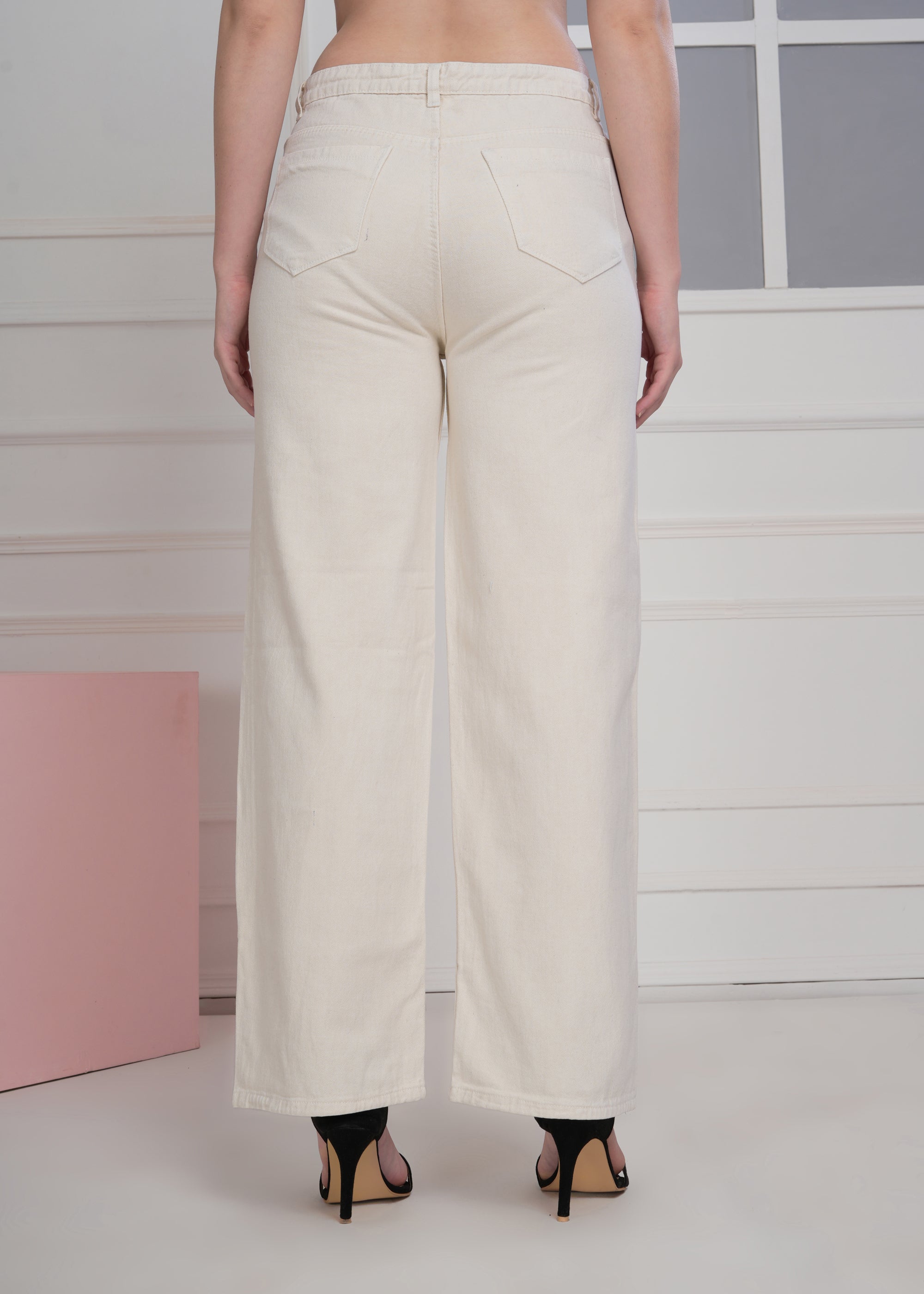 Women Wide Leg High Rise Cream Cotton Jeans