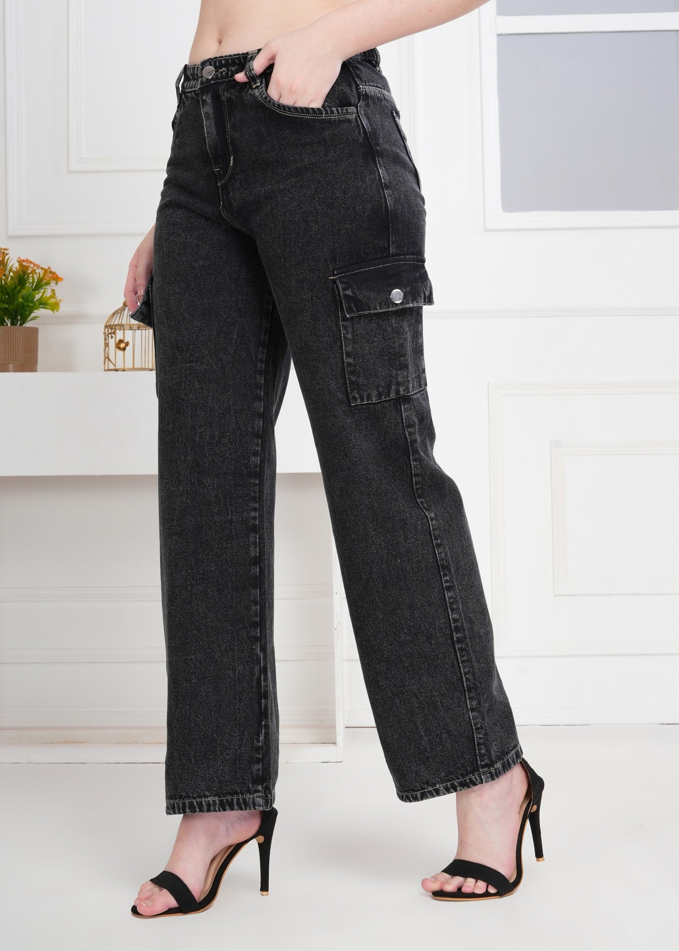 Women Wide Leg High Rise Light Fade Six Pocket Steel Grey Jeans