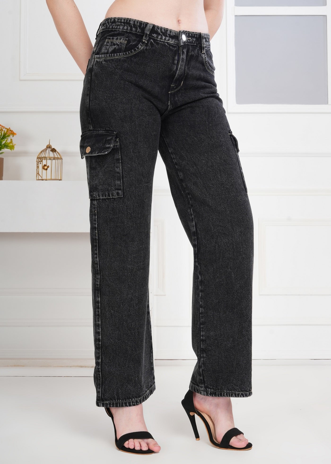 Women Wide Leg High Rise Light Fade Six Pocket Steel Grey Jeans