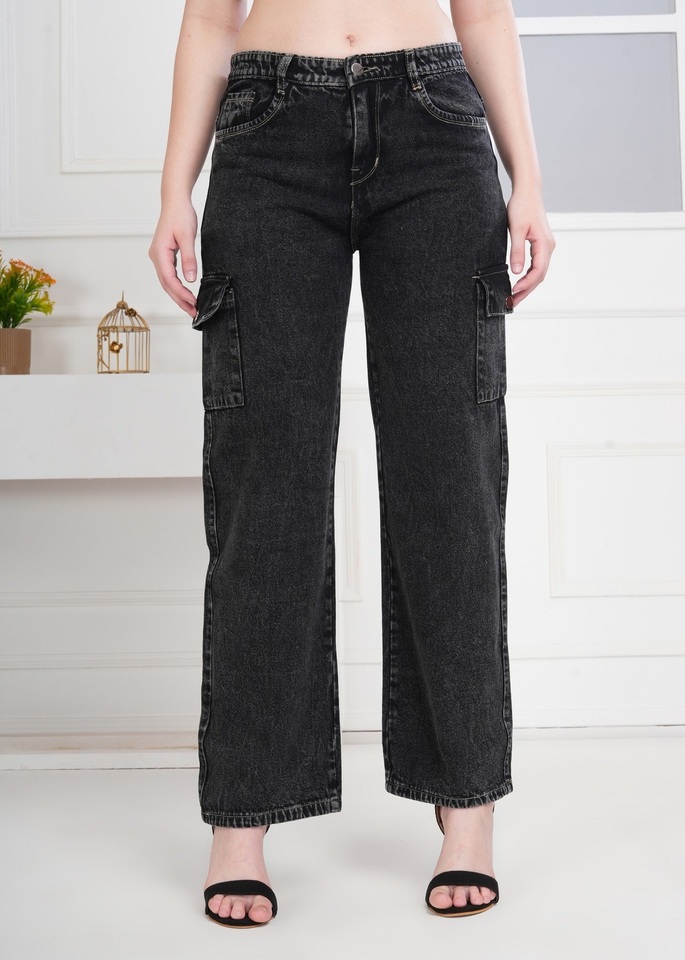 Women Wide Leg High Rise Light Fade Six Pocket Steel Grey Jeans