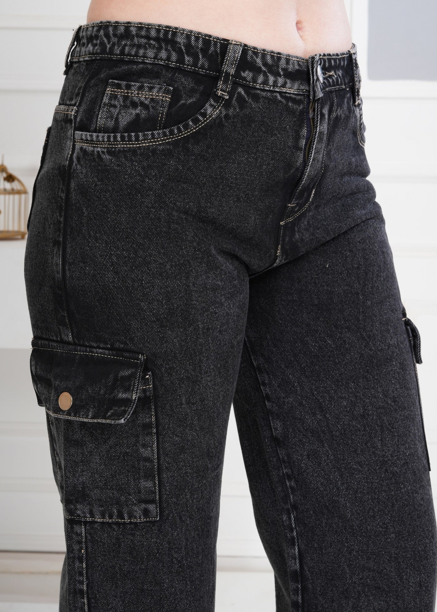 Women Wide Leg High Rise Light Fade Six Pocket Steel Grey Jeans