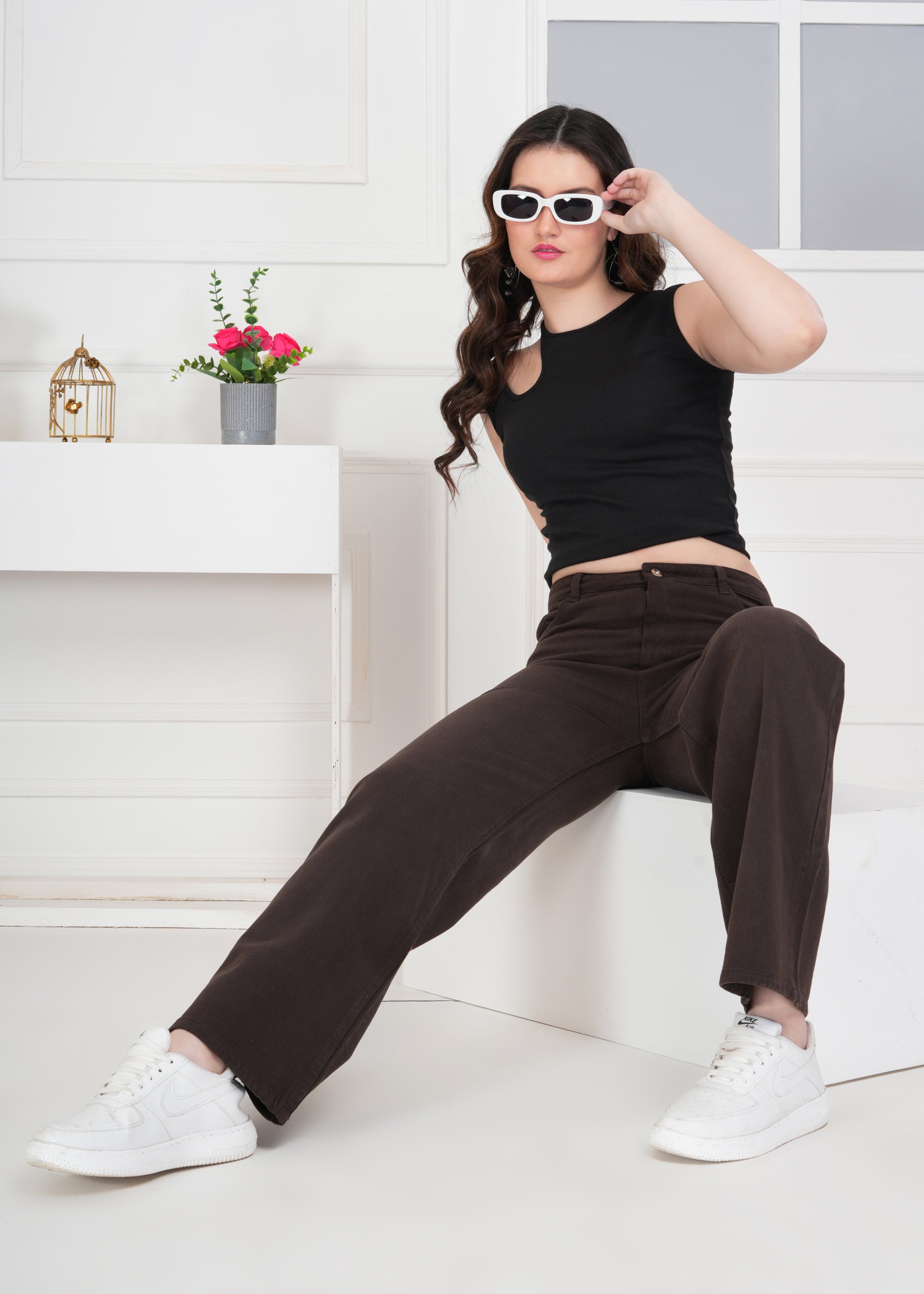Women Wide Leg High Rise Brown Cotton Jeans