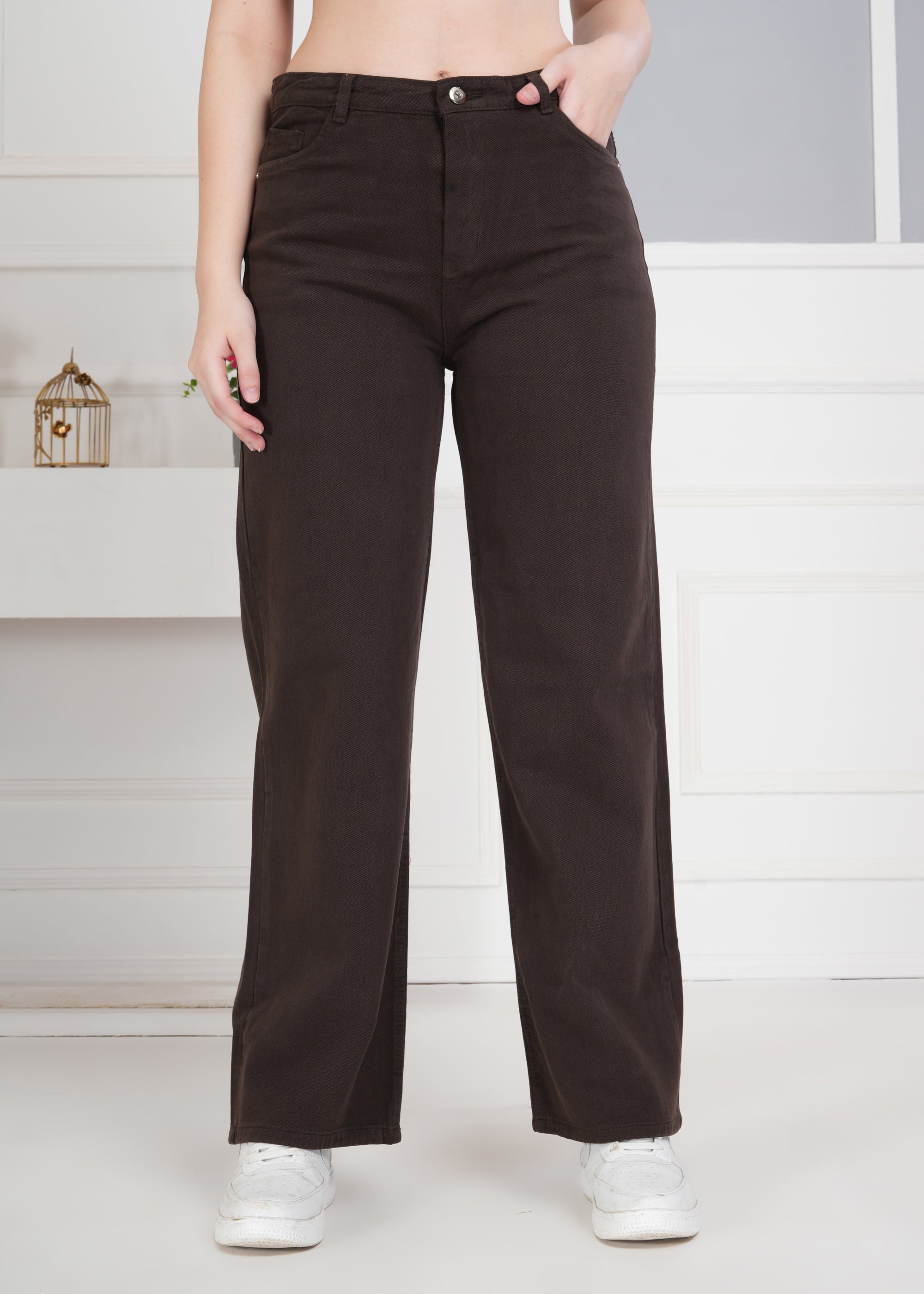 Women Wide Leg High Rise Brown Cotton Jeans