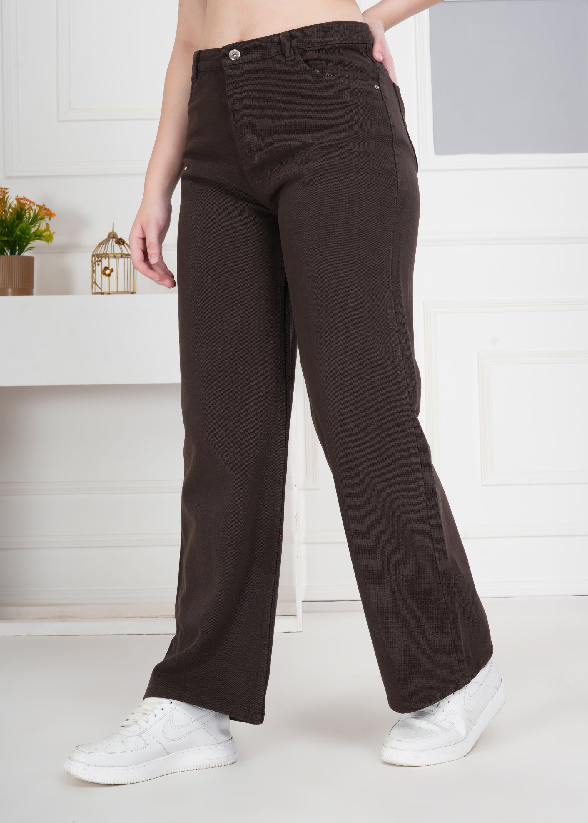 Women Wide Leg High Rise Brown Cotton Jeans