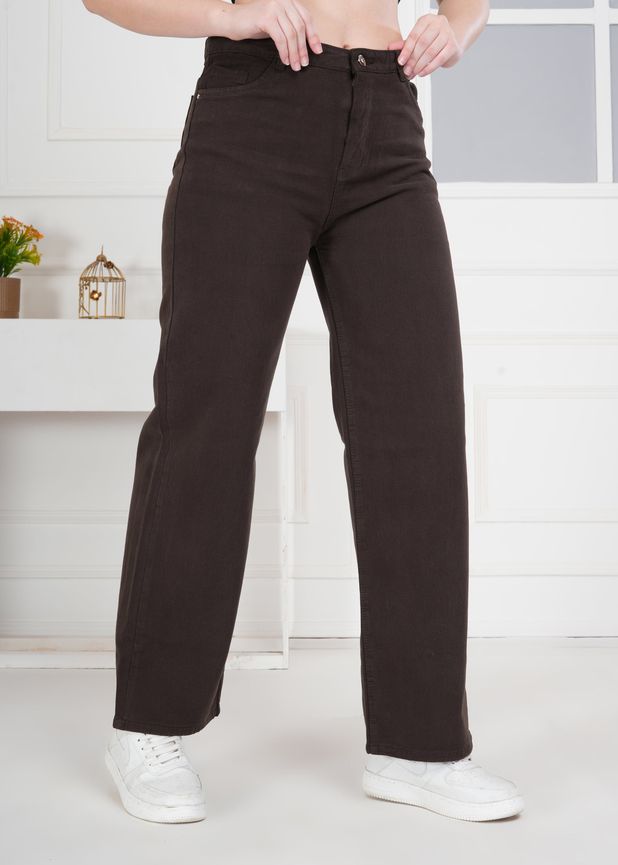 Women Wide Leg High Rise Brown Cotton Jeans