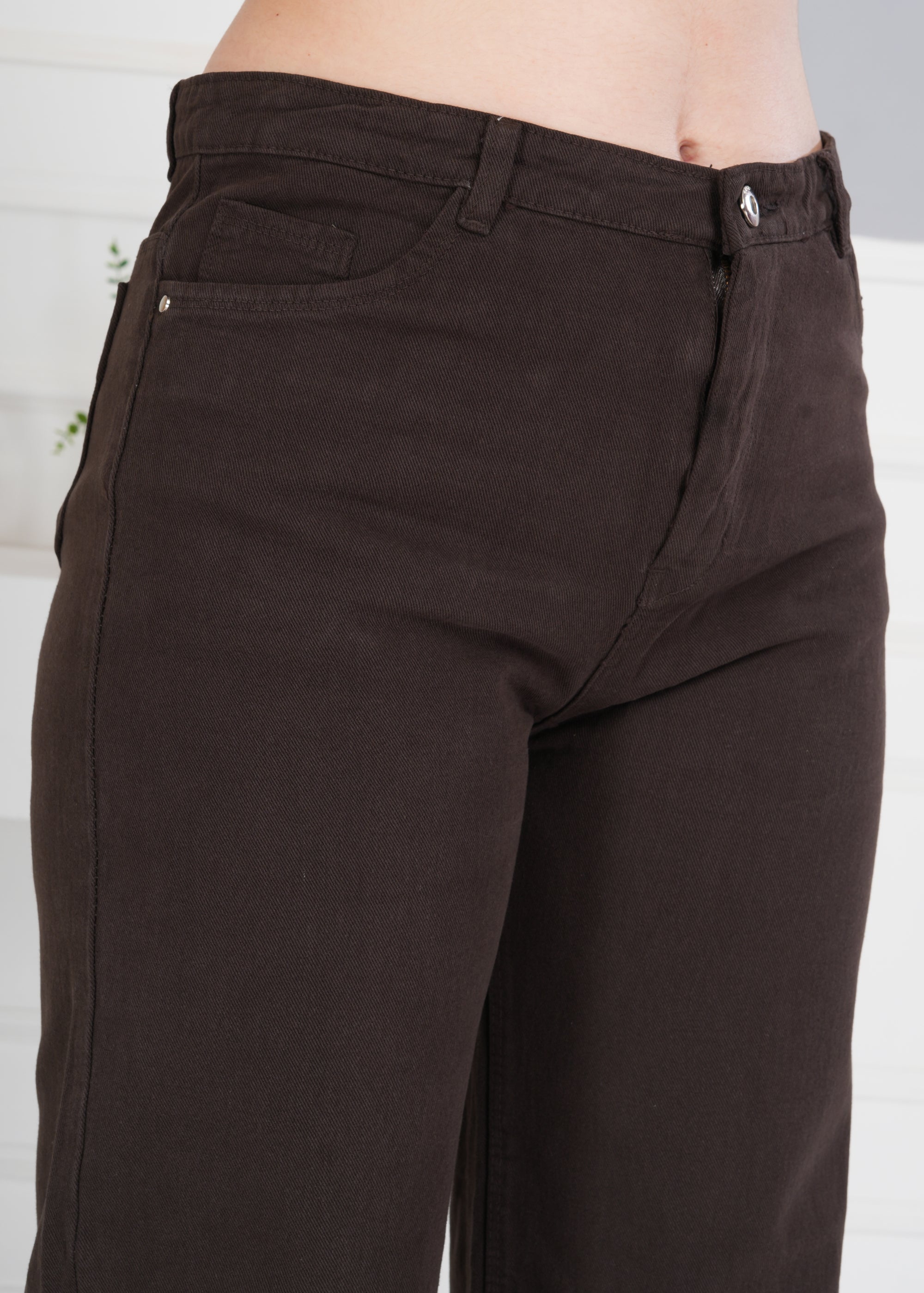 Women Wide Leg High Rise Brown Cotton Jeans